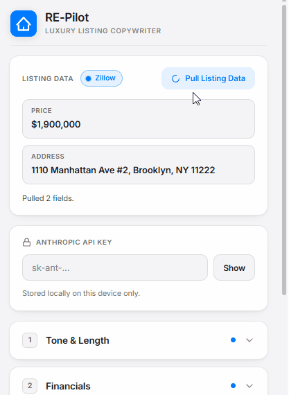 RE-Pilot popup: pulling listing data, choosing tone, and setting the details